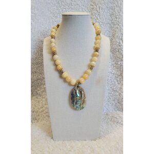 Orange Round Stone Onxy? Beaded Abalone Shell Pendant Necklace N1F